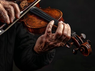 Close-up of a violinist's hands skillfully playing the violin, isolated against a black background, highlighting the beauty of musical instruments. 