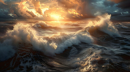 The first rays of the sun breaking through heavy clouds over a stormy sea, illuminating the waves...