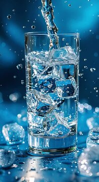 fresh cool water flows into a glass with ice cubes against a blue background. A fresh vertical video of water.