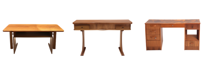 set of different wooden desks, each representing a different decade of design, isolated on transparent background