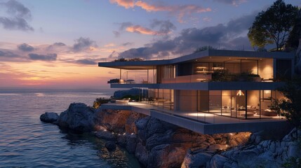 A modernist masterpiece set on a cliffside overlooking the ocean, with cantilevered balconies and panoramic glass walls that capture the essence of coastal living in a contemporary yet timeless design - obrazy, fototapety, plakaty