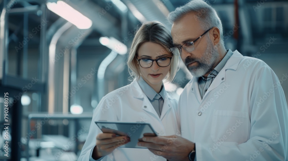 Poster scientists analyzing data on tablet