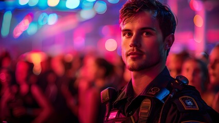 Vigilant Guard Amidst Vibrant Club Scene. Concept Nightlife Security, Club Bouncer, Safety Measures