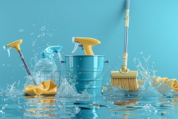 A dynamic scene with a bucket, brushes, towels, and soap suds splashing around, suggesting a vigorous cleaning process, cleaning supplies splashing