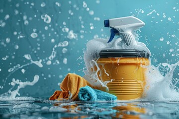 A dynamic scene with a bucket, brushes, towels, and soap suds splashing around, suggesting a vigorous cleaning process, cleaning supplies splashing