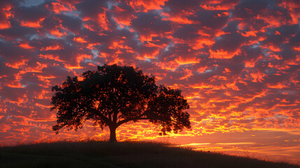 The silhouette of a single tree on a hilltop, captured against the vibrant colors of a sunrise sky