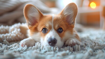 Close portrait of welsh corgi dog looking attentively. A beloved pet in a beautiful home.
