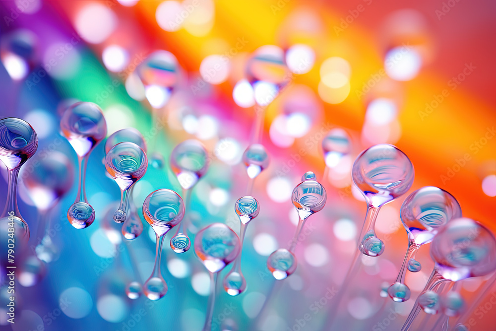 Poster Pink holographic bubbles floating on the soft colorful abstract background in beautiful vivid tones.