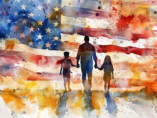 In god we trust , with a silhouette of a family holding hands with a large American flag background, watercolor - obrazy, fototapety, plakaty