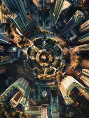 Captivating Aerial View of a Futuristic Financial Metropolis at Night