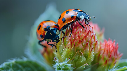 Fototapeta premium Tiny insects on a flower bud, captured in extreme detail, showcasing their interaction with their environment