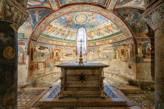 Interior view in the marvelous Anagni Cathedral Crypt. In the Province of Frosinone, Lazio, central Italy. July-24-2023