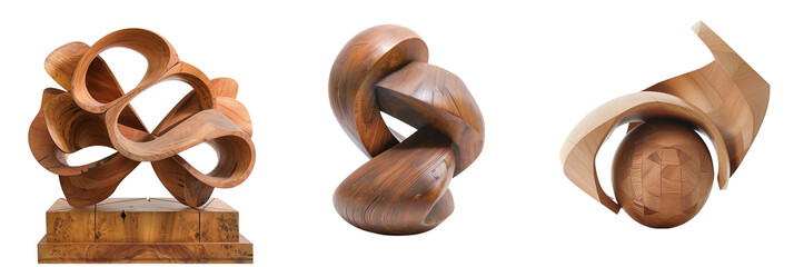set of different wooden sculptures, each an example of modern woodworking art, isolated on transparent background