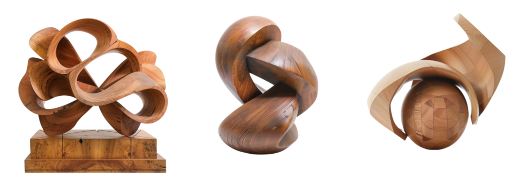 set of different wooden sculptures, each an example of modern woodworking art, isolated on transparent background