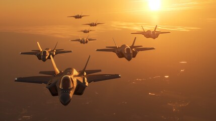 Fighter Jets Flying in Formation at Sunset