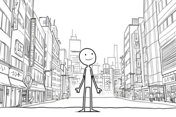 Stylized Stick Figure in Vibrant Anime-Inspired Cityscape with Minimalist Line Art