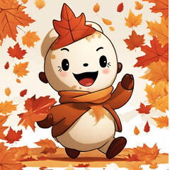 Cute Cartoon Baby Smiling with Autumn Maple Leaf Theme - Isolated Background - Generated by AI