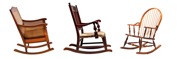 set of different wooden rocking chairs, each from different cultural backgrounds, isolated on transparent background