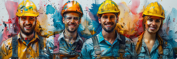 Obraz premium closeup of four worker groups with copy space and watercolor painting on a white background