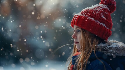 Looking at the girl in her red hat and blue coat, one cant help but be reminded of the simple joys of winter and the beauty of nature in all its seasons 8K , high-resolution, ultra HD,up32K HD - obrazy, fototapety, plakaty