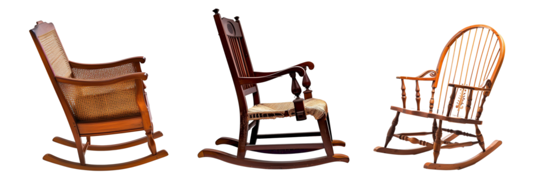 set of different wooden rocking chairs, each from different cultural backgrounds, isolated on transparent background