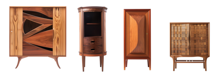 set of different wooden cabinets, each representing a unique blend of utility and artistic design, isolated on transparent background