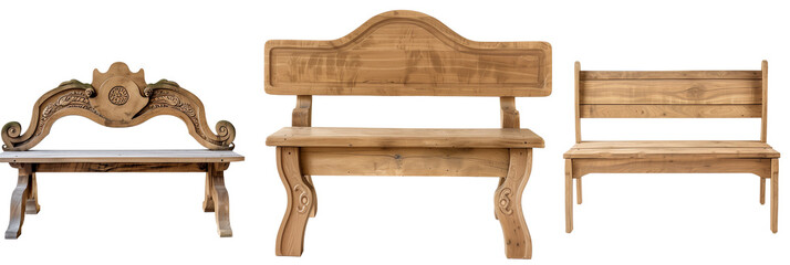 set of different wooden benches, each blending functionality with decorative art, isolated on transparent background