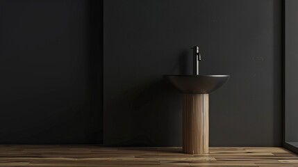 In a room with black walls, a wooden pedestal holds a black ceramic sink with an iron water tap.
