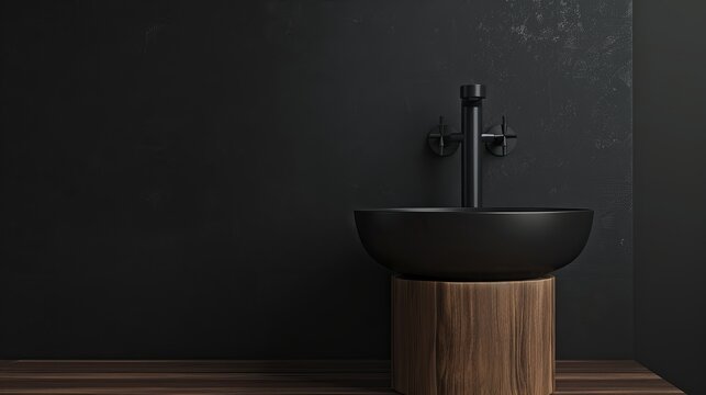 In a room with black walls, a wooden pedestal holds a black ceramic sink with an iron water tap.