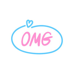 OMG - a modern slang word, Oh My God, meaning surprise or excitement - hand drawn lettering. Gen Z buzzword, millennial catchphrase sticker with doodles in vector