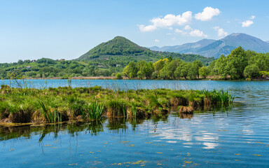 Idyllic view at Posta Fibreno Lake Natural Reserve. In the province of Frosinone, Lazio, Italy. - 790249837