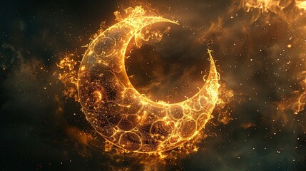 Fiery golden crescent clashing with a blue planet on a dark space background. Digital art concept for cosmic event, science fiction, or astrology design.