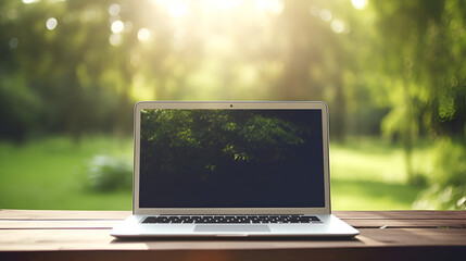 Front laptop view, nature background Laptop with blank screen on wooden table
