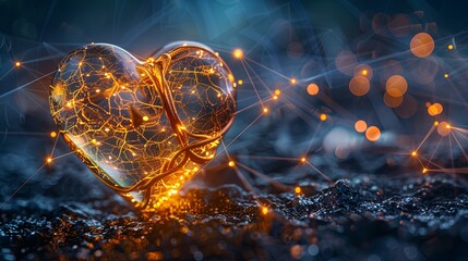 Golden glowing heart with sparkling lights on a bokeh blue background. Digital art love concept. Design for greeting card, Valentine's Day, or romantic event poster. Horizontal composition.