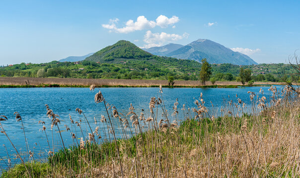 Idyllic view at Posta Fibreno Lake Natural Reserve. In the province of Frosinone, Lazio, Italy.