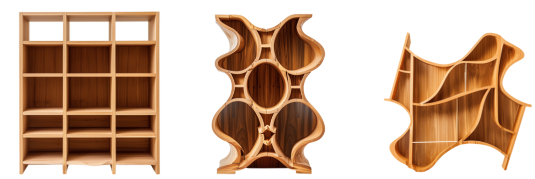 set of different wooden bookshelves, each an example of modern art and design, isolated on transparent background