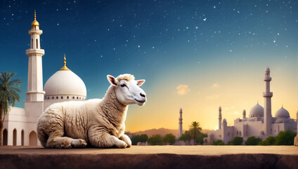 A card of Eid Al Adha with a cute sheep and mosque background