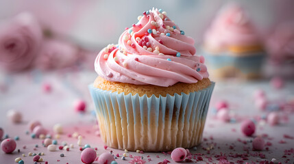 A beautifully decorated cupcake, with pastel colors as the background, during a springtime celebration
