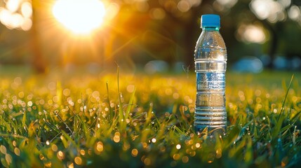 Under the rising sun's rays, a plastic bottle filled with pure drinking water is left on the lawn. A bottle of cool, refreshing water with dew droplets - obrazy, fototapety, plakaty