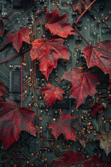 The leaves seem to be reaching out towards the circuit board, as if curious about this manmade creation 8K , high-resolution, ultra HD,up32K HD