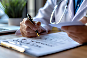 Professional doctor filling medical checklist or sign a insurance claim form. Medical record, prescription paperwork. Hospital clinic and doctor working concept.