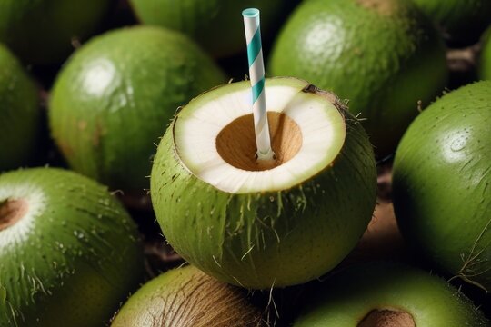 A refreshing coconut, its husk cracked open to reveal sweet water within, a tropical elixir of hydration and delight, sipped straight from the source, a taste of paradise in every drop.






