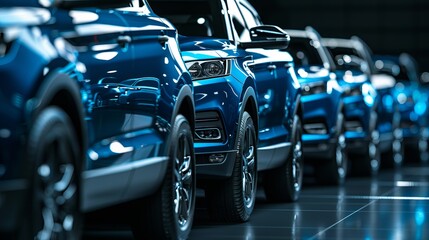 A row of blue SUVs is in position. fleet of standard modern vehicles. Transportation. Fleet of luxury off-road vehicles is made up of generic, nameless vehicles. isolated on black background