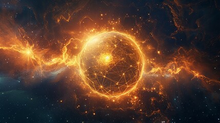 A fiery orb encircled by dynamic plasma trails against a cosmic backdrop, symbolizing energy and perpetual motion. - obrazy, fototapety, plakaty