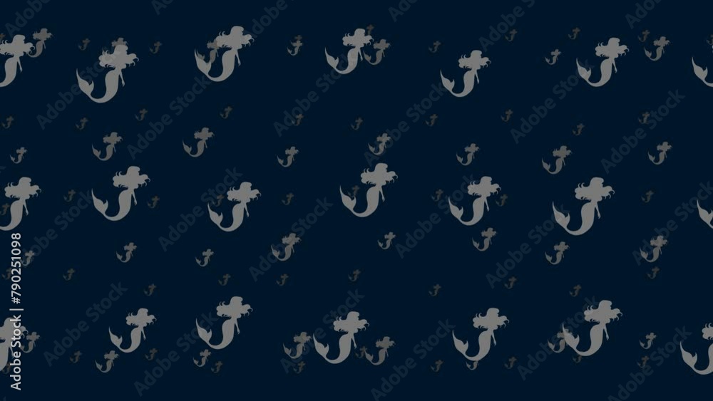 Poster mermaid symbols float horizontally from left to right. parallax fly effect. floating symbols are loc