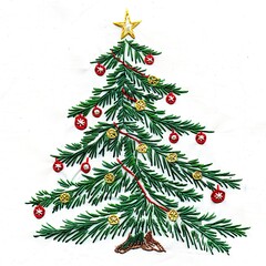 Festival embroidery of a decorated tree on a white background, for use in holiday designs such s Christmas.