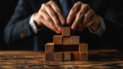 A business man attempts to construct a wooden block on a wooden table with a black backdrop as the foundation for a business organization.