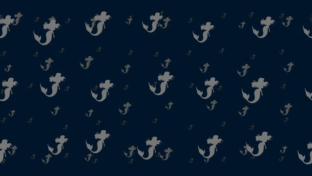 Mermaid symbols float horizontally from left to right. Parallax fly effect. Floating symbols are located randomly. Seamless looped 4k animation on dark blue background