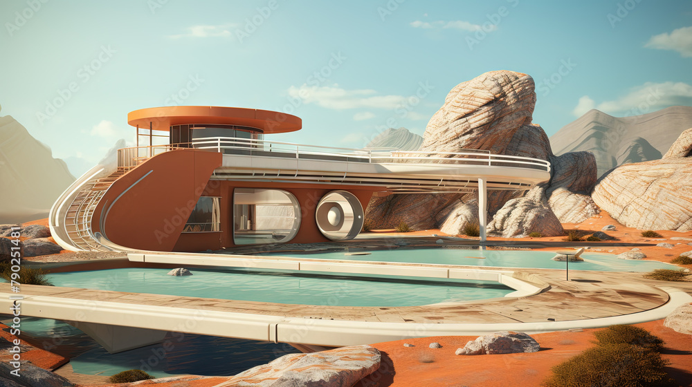 Poster retro futuristic architecture in sci-fi scene on the desert planet. alien landscape with nostalgic r