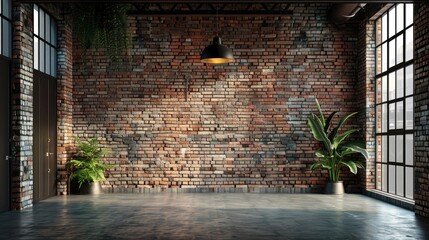 An expansive and empty warehouse interior with a striking orange brick wall and industrial windows